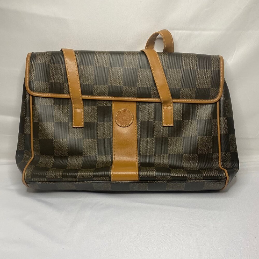Fendi Bag Pecan Checkered Pattern Travel Tote Bag Brown Leather Canvas Vintage